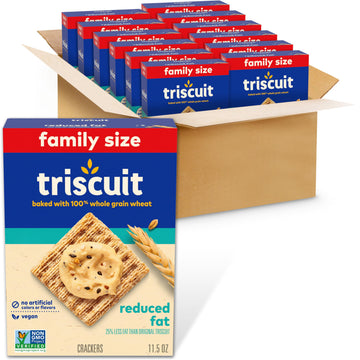 Triscuit Reduced Fat Whole Grain Wheat Crackers, Vegan Crackers, Vegan Snacks, Bulk Lunch Snacks, Family Size, 12 - 11.5 oz Boxe