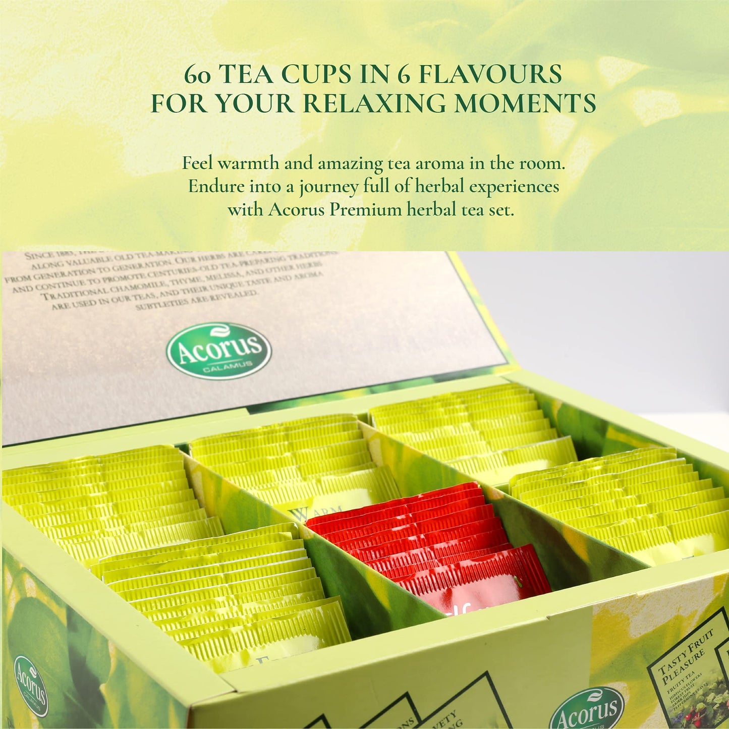 Acorus Enhanced Tea Set - Natural Herbal Tea Variety Pack, Gift Set Of 6 Different Teas, 60 Bags Individually Wrapped, Herbal Sampler Box