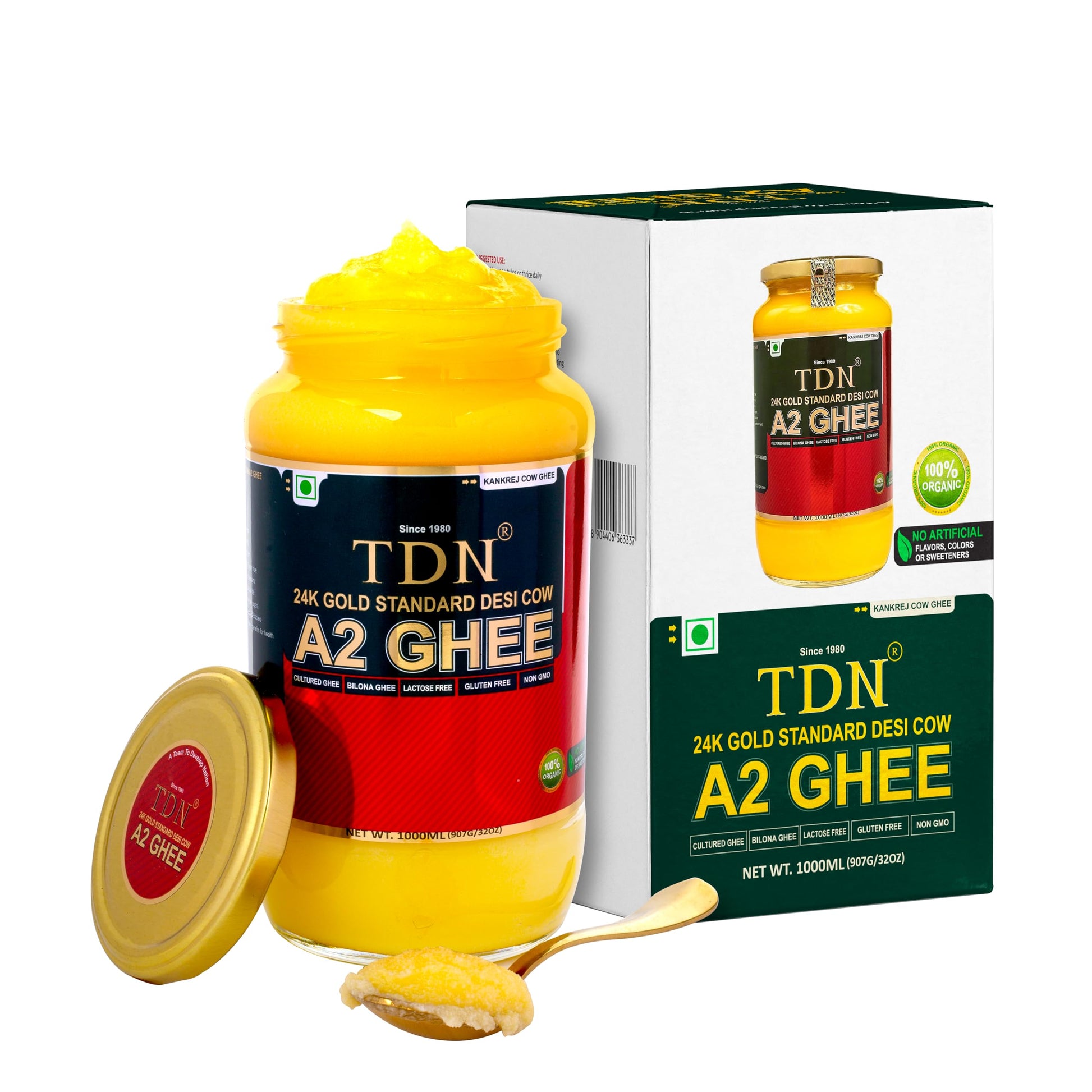 Tdn Farm Fresh A2 Ghee - 1L Glass Bottle, Nddb A2 Lab Certified, A2 Cow Desi Ghee, A2 Ghee Bilona Method, A2 Organic Cow Ghee, Grassfed, Cultured Enhanced Ghee, Curd Churned A2 Ghee
