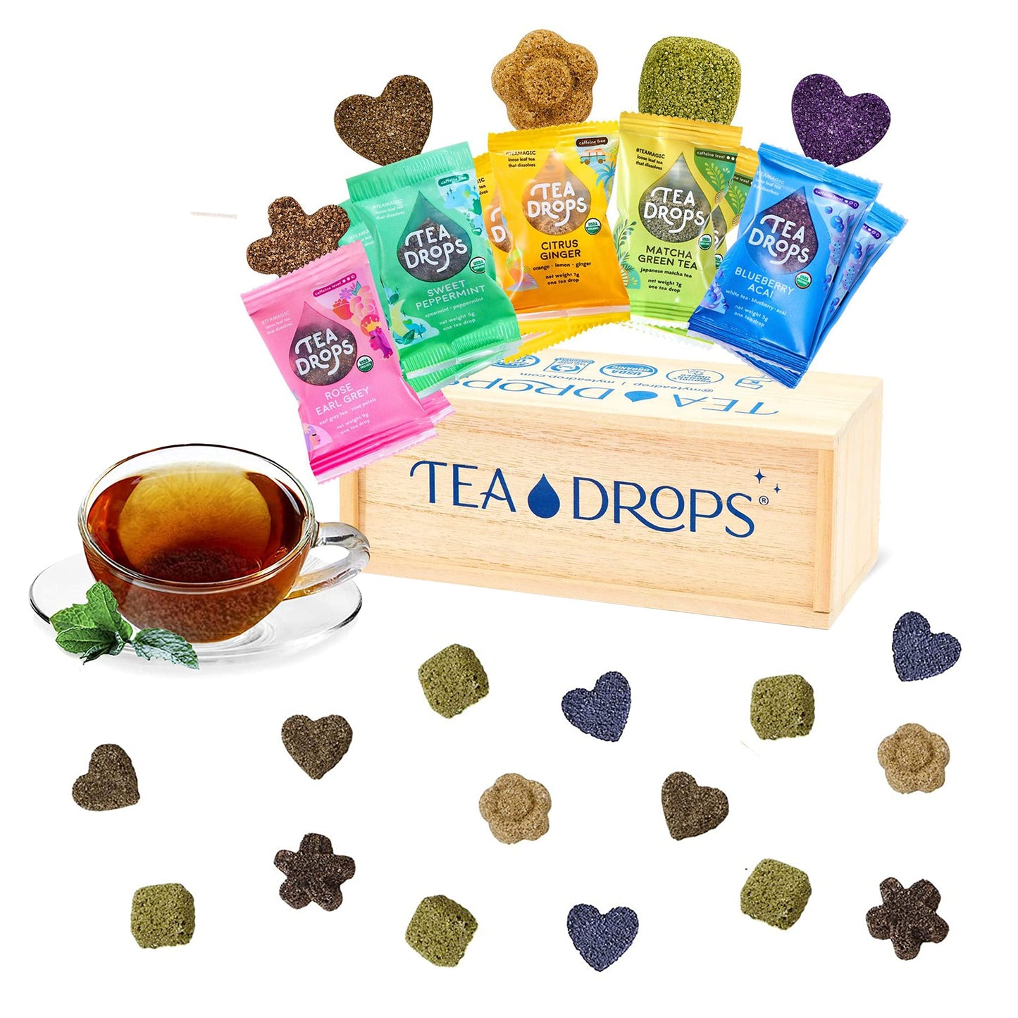 Tea Drops Holiday Sampler Box 25 Count | Organic Dissolvable Loose Leaf Tea | Iced or Hot | Microplastic-Free | Naturally Sweetened Organic Chai  Rose Earl Grey  Citrus Ginger  Peppermint  Matcha | 25 Servings - 5 Per Flavor
