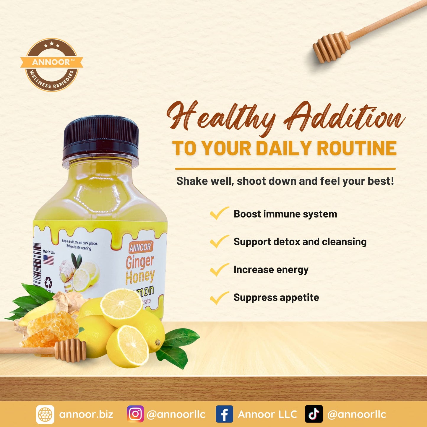 Annoor Ginger Lemon & Honey Concentrate Juice | 8.5 Fl Oz | No Pulp | Easy to Mix | Yellow