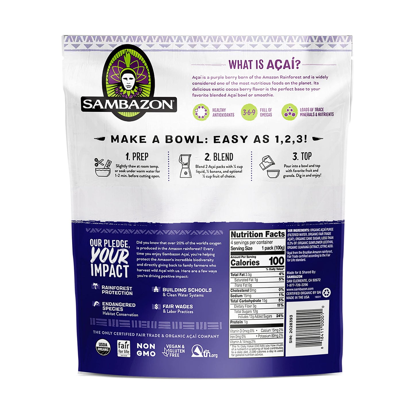 Sambazon Acai Berry and Guarana Smoothie Superfruit Pack, 14.1 Ounce, 4 Count