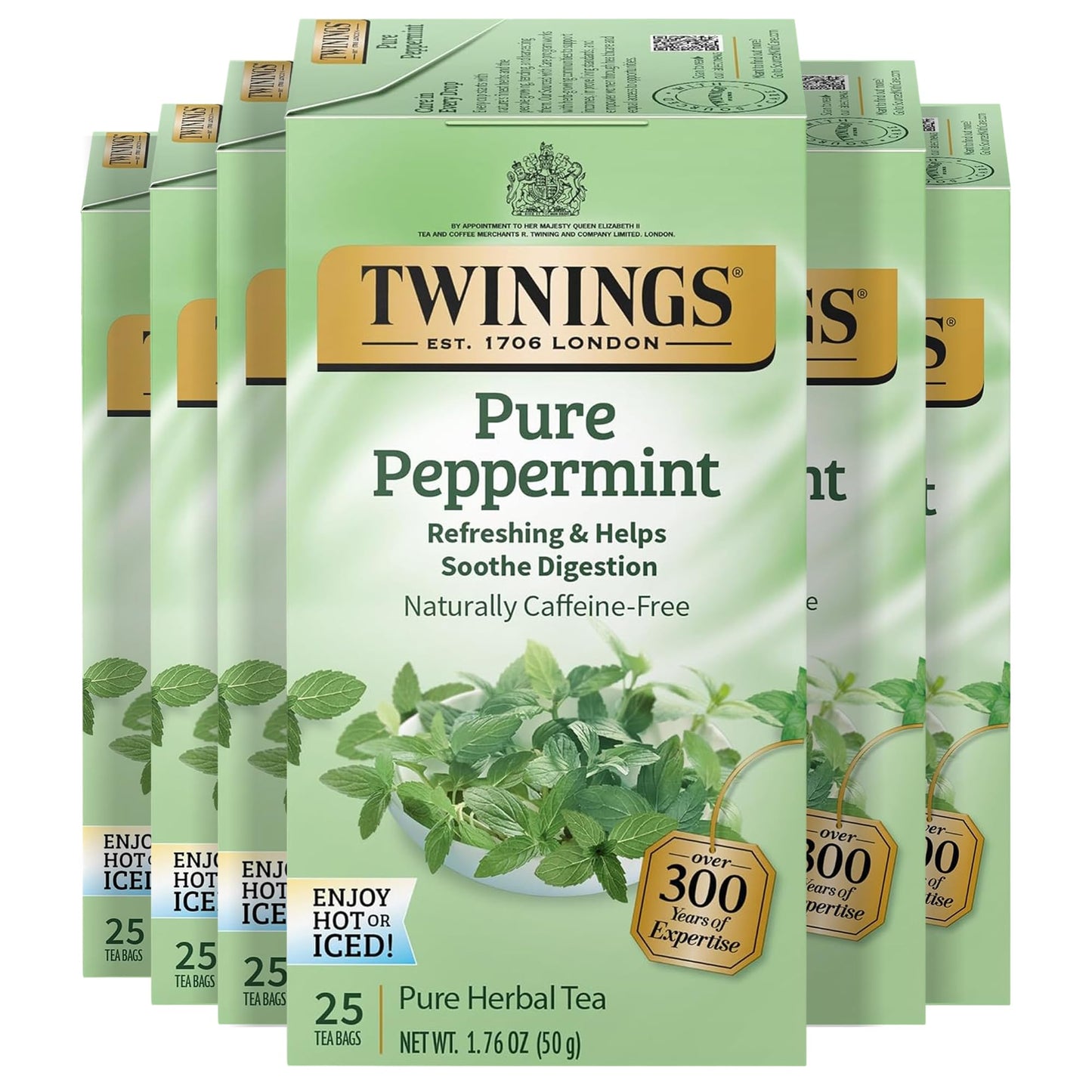 Twinings Peppermint Herbal Tea, Caffeine-Free, 25 Count (Pack of 6), Fresh Minty Flavor, Individually Wrapped Bags