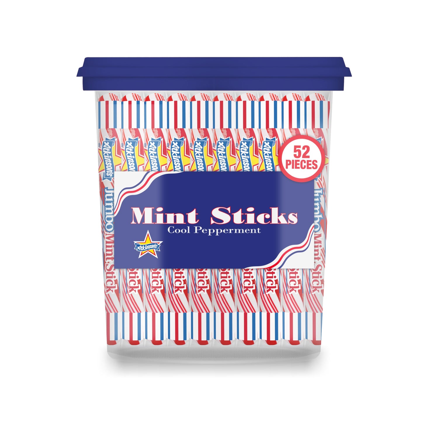 Atkinson Jumbo Red & White Mint Candy Sticks - 52 Count Jar - Classic Mint Flavor, Perfect for Parties and Gifting