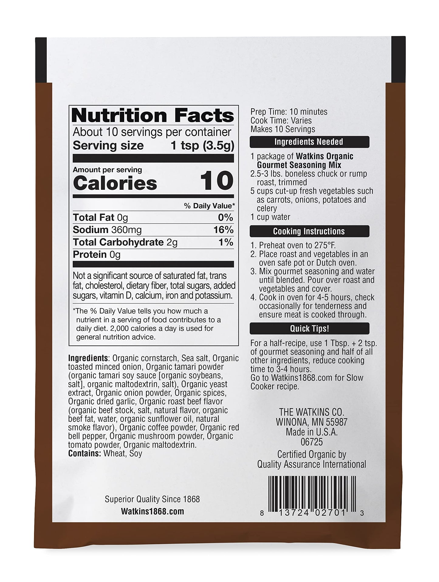 Watkins Organic Gourmet Seasoning Mix, Pot Roast, 13 Oz Pouch, 1 Count