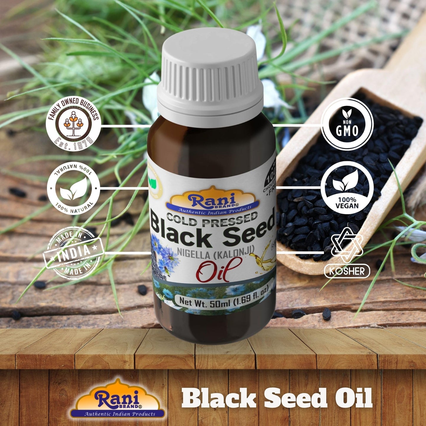 Rani Pure Black Seed Oil, Cold Pressed, 100% Cholesterol Free, Vegan, 1.69 Fl oz (50ml)