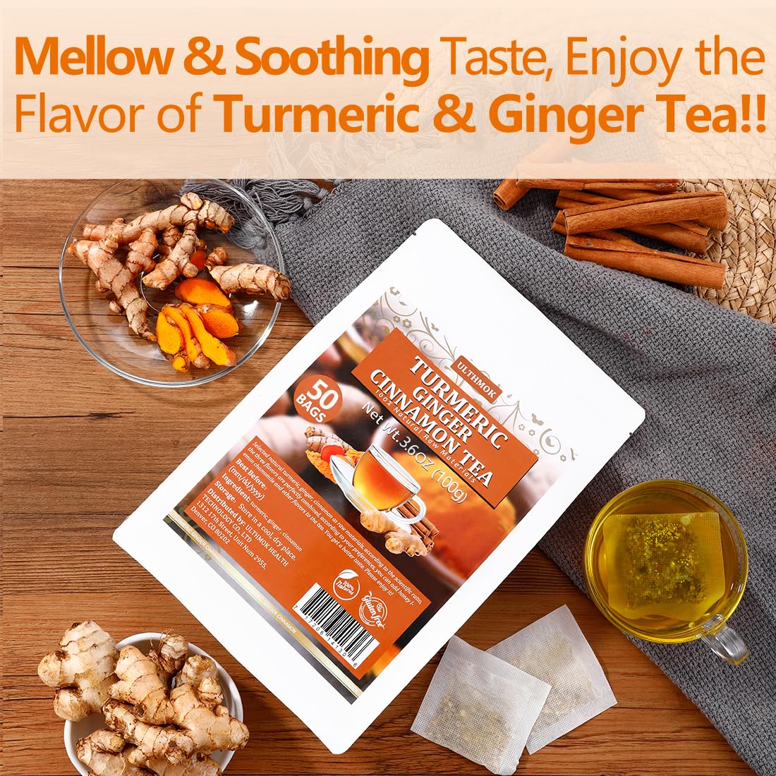 50 enhanced Turmeric  Ginger  Cinnamon Blend Tea Bags  100% Natural & No Additives & Caffeine Free.
