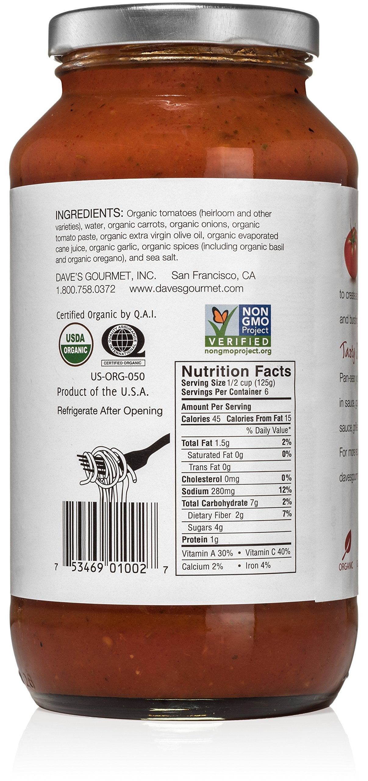 Dave's Gourmet Pasta Sauce, Tomato, Organic Red Heirloom, 1.59 Pound