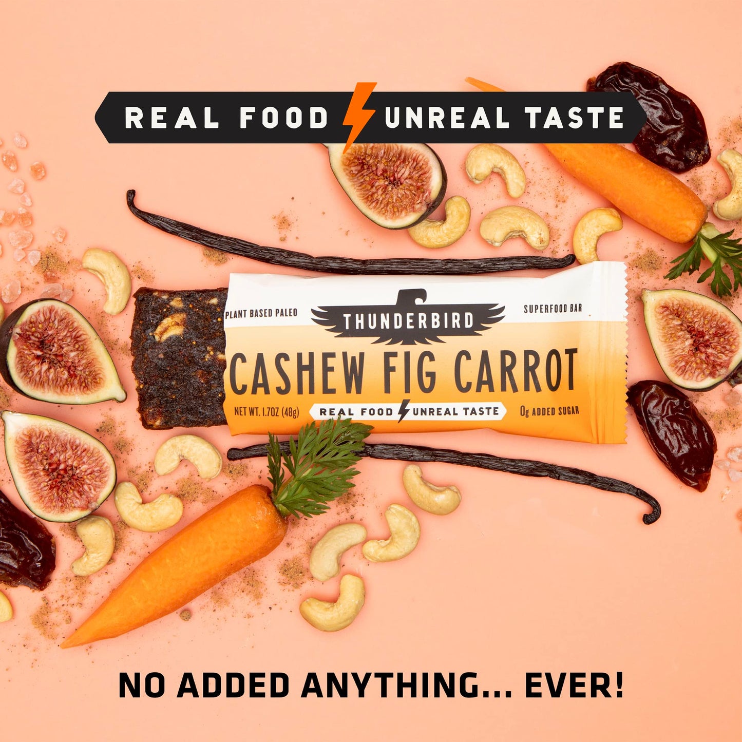 Thunderbird Energetica Energy Bars, Bar Cashew Fig Carrot, 1.7 Ounce, Fruit & Nut Nutrition Bars - No Added Sugar, Grain And Glu