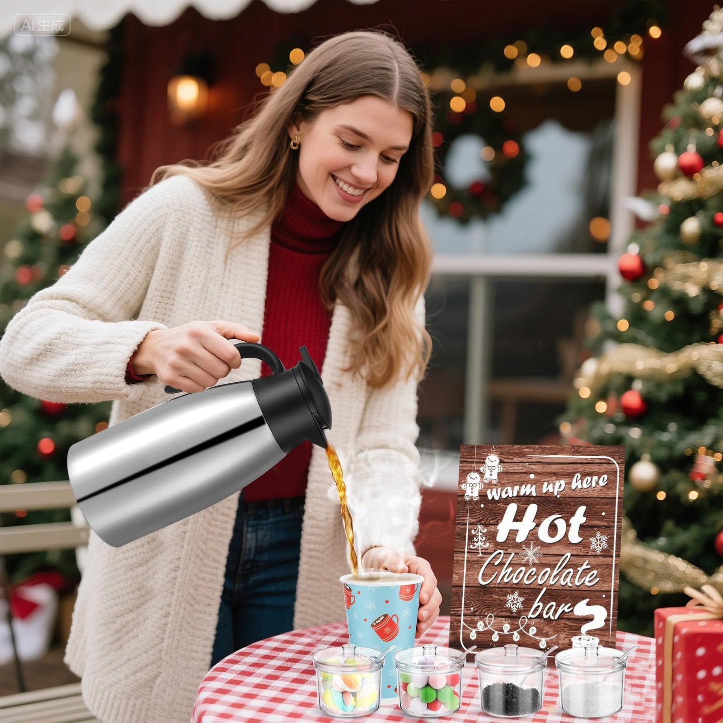 Bokon 104 Pcs Christmas Hot Chocolate Bar Set 68 Oz/ 2 L Stainless Drink Dispenser 16 Oz Cocoa Cups Hot Chocolate Bar Station Si