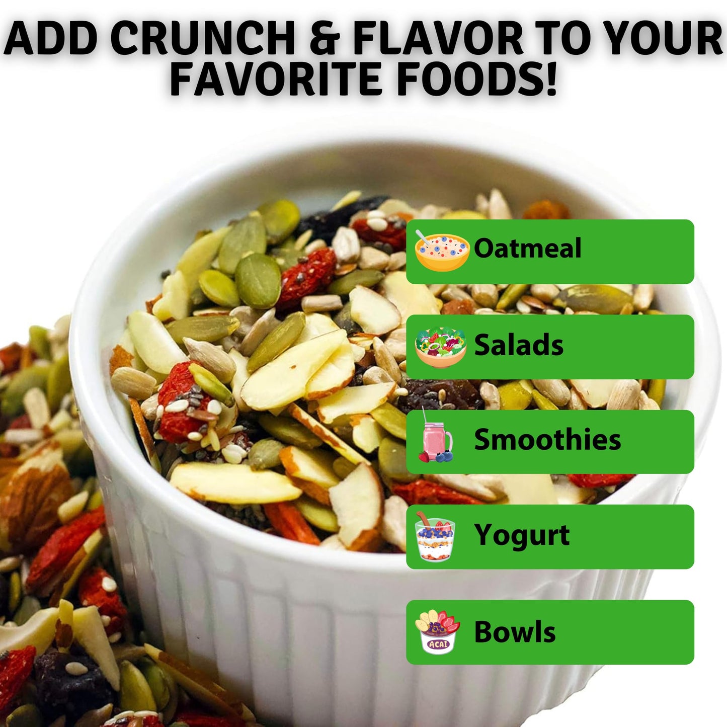 BetterFoods Raw Superfoods Crunch Mix | enhanced Pumpkin  Sunflower  Flax  Chia  Sesame Seeds  Almonds  Goji Berries & Raisins Blend | 6g Protein  Vegan  Non-GMO  No Gluten/Salt/Soy | 24oz  Pack of 6
