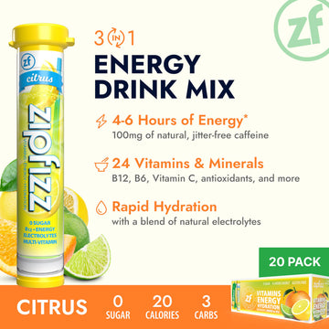 Zipfizz Daily Energy Drink Powder, Citrus, 20 Pack, Sugar-Free, Electrolyte Powder, Contains Vitamin B-12, 0.39 Ounce per Pack