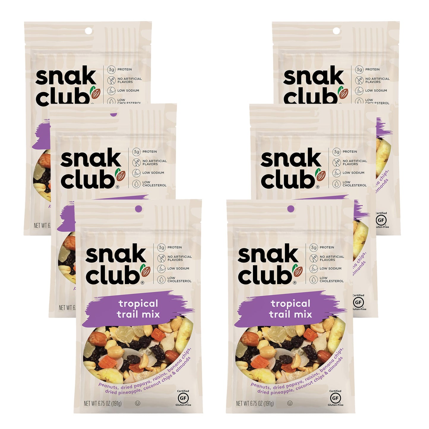 Snak Club Tropical Trail Mix with Peanuts  Dried Papaya  Raisins  Banana Chips  Dried Pineapple  Coconut Chips  and Almonds  Gluten-Free and Kosher Snack  6.75 oz Resealable Bags  6 Pack