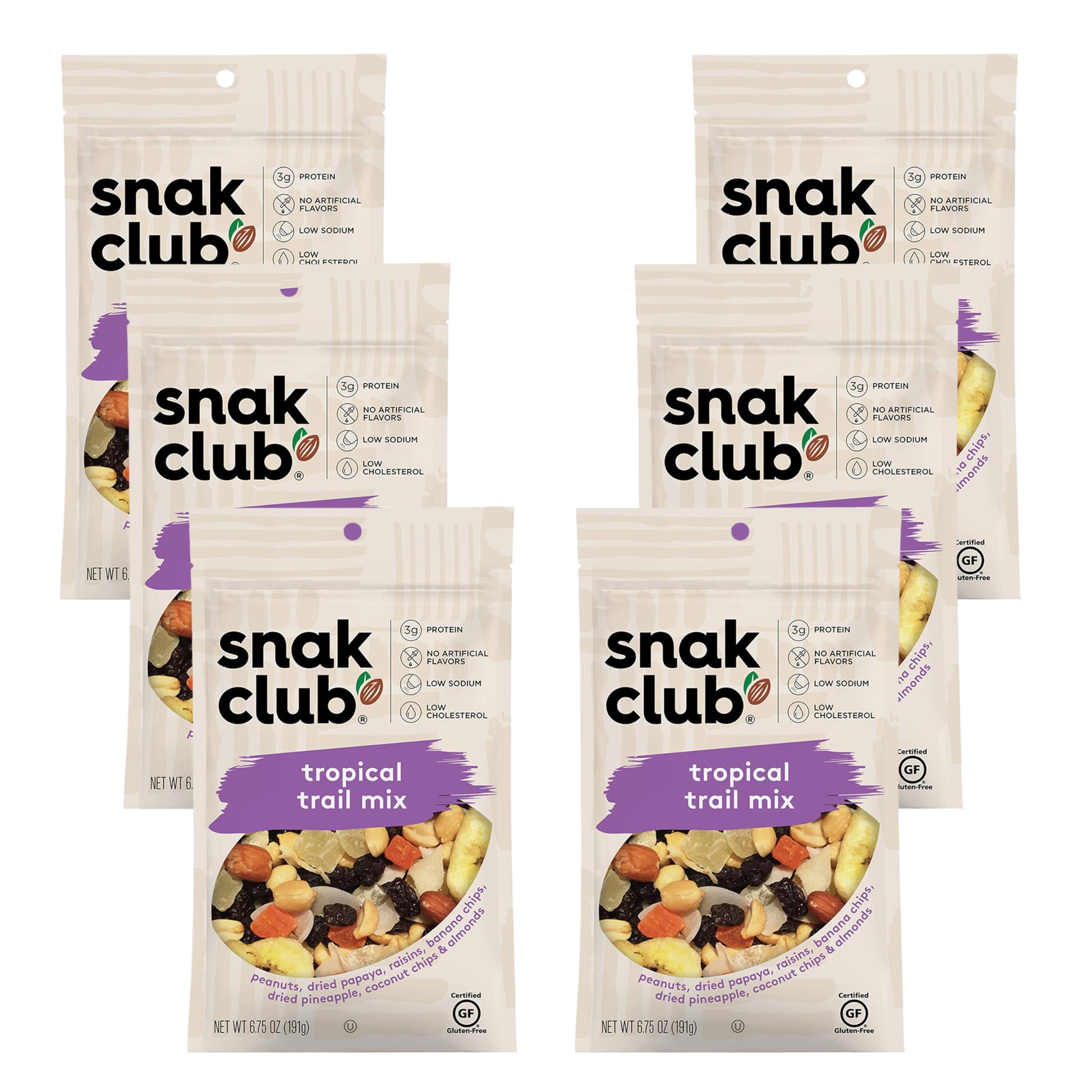 Snak Club Tropical Trail Mix with Peanuts  Dried Papaya  Raisins  Banana Chips  Dried Pineapple  Coconut Chips  and Almonds  Gluten-Free and Kosher Snack  6.75 oz Resealable Bags  6 Pack