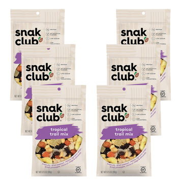 Snak Club Tropical Trail Mix with Peanuts  Dried Papaya  Raisins  Banana Chips  Dried Pineapple  Coconut Chips  and Almonds  Gluten-Free and Kosher Snack  6.75 oz Resealable Bags  6 Pack