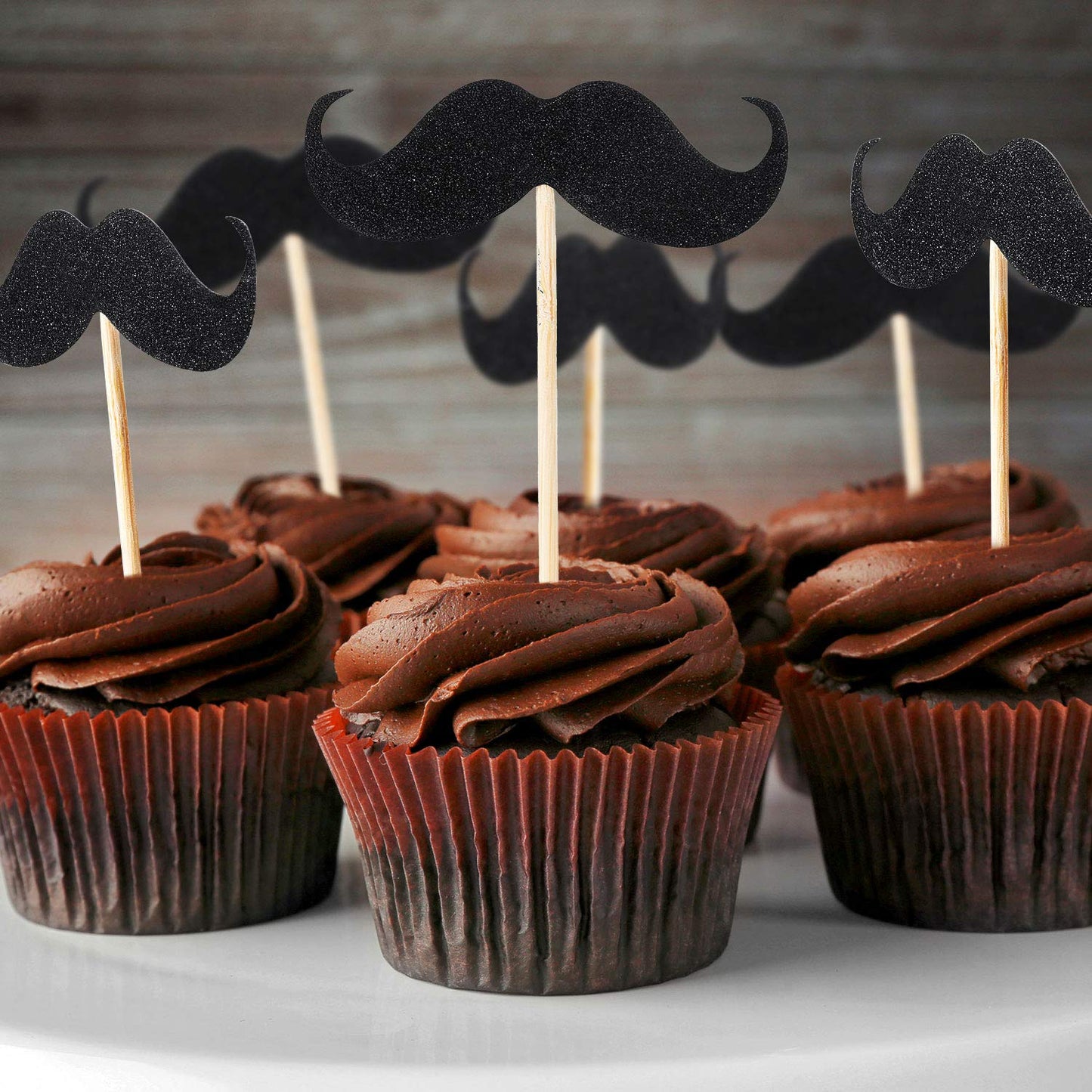 50 Pieces Mustache Cupcake Toppers Mustache Birthday Cake Topper Black Glitter Mustache Dessert Toppers For Baby Shower Kid'S Bi