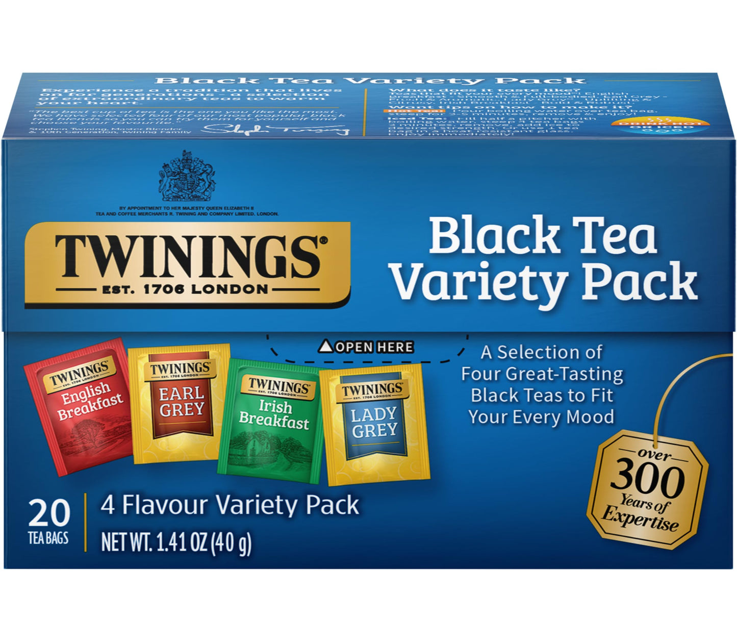Twinings Black Tea Variety 2-Pack with Earl Grey Tea, English Breakfast Tea, Irish Breakfast Tea, and Lady Grey Tea Bags, Indivi