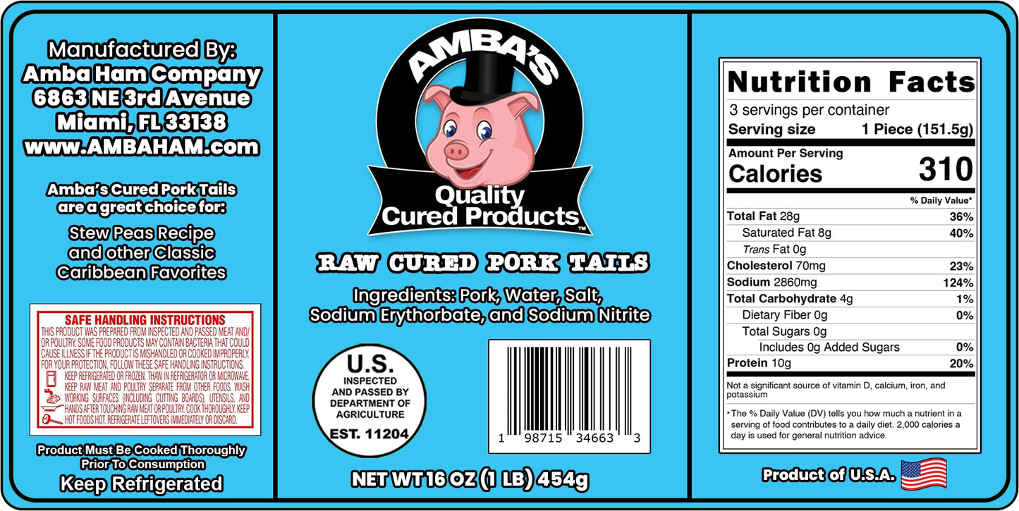 Raw Cured Pork Tails, Net Weight 16oz (1lb) Vacuum Pack Bag, Great For Jamaican Stew Peas With Pig Tails Recipe Along With Other