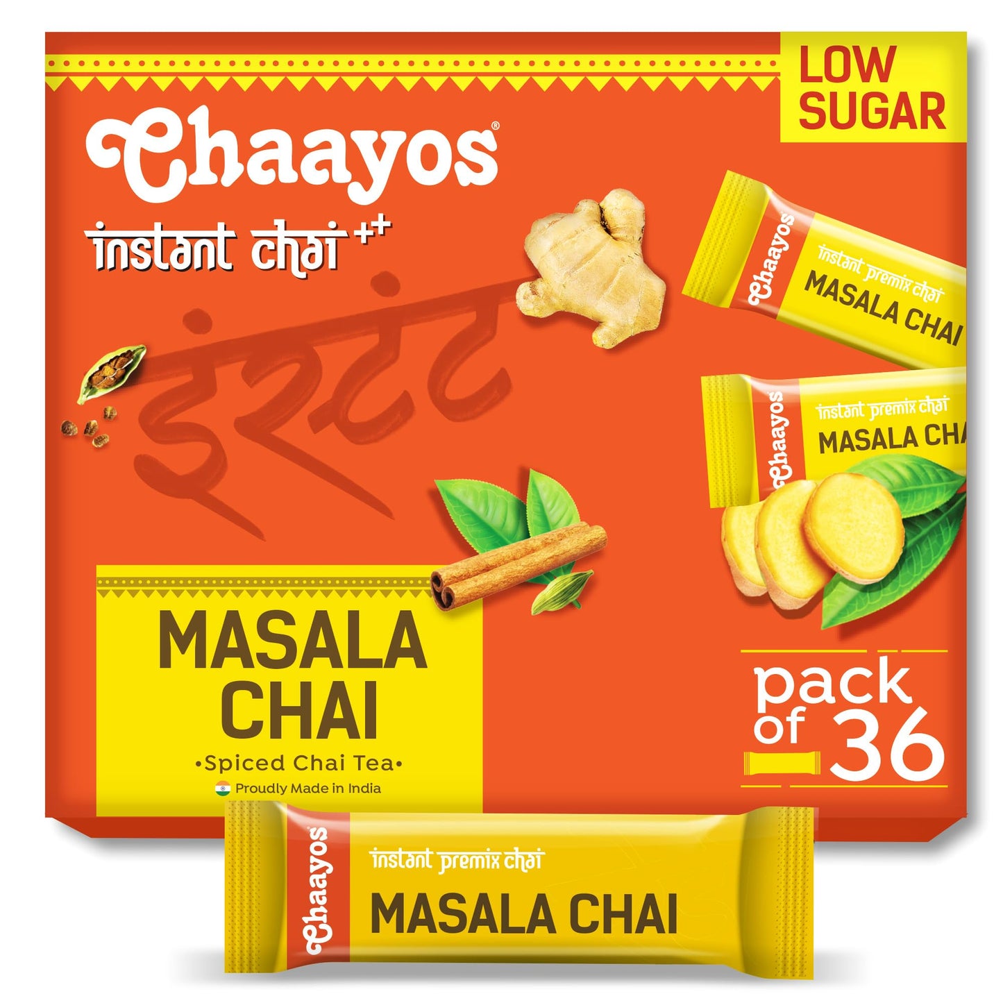 Chaayos Instant Tea Premix - Masala Chai Flavour - Low Sugar (36 Sachets) | Instant Tea | Tea Premix | Masala Tea | Masala Chai 