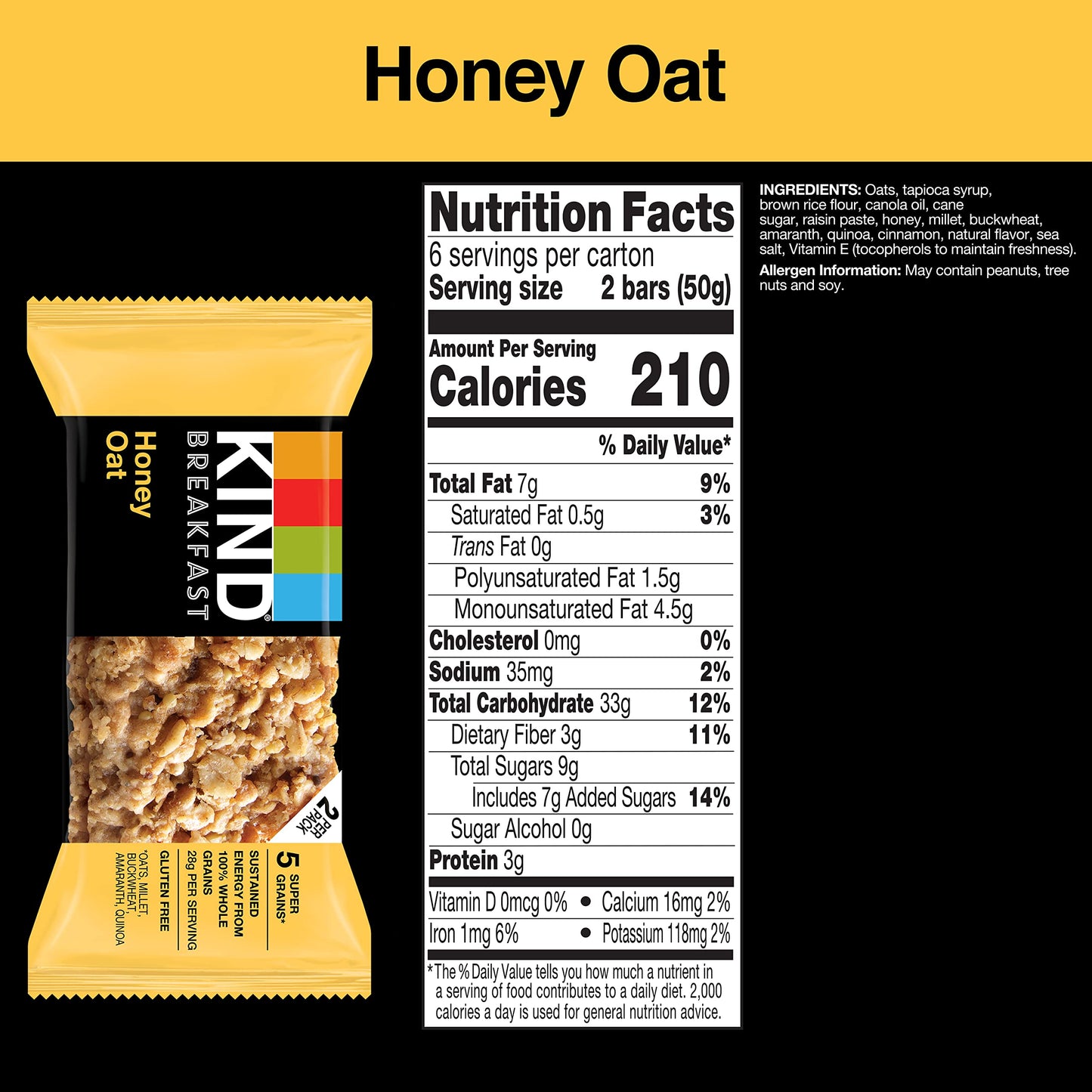 KIND Breakfast Bars, Honey Oat, Gluten Free, 3g Protein, 6 Count (12 Bars)