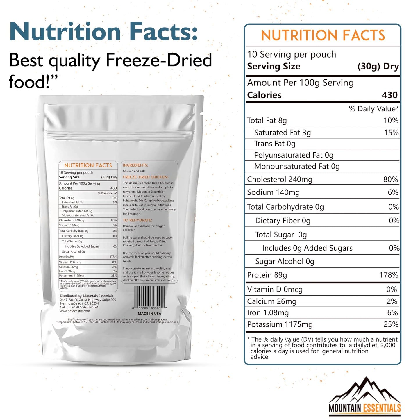 Mountain Essentials Freeze-Dried Diced Chicken – Fully Cooked And Ready To Eat | Everyday Pantry Staple For Meal Prep, Camping & Emergency Survival | Enhanced Quality Meat | 10 Servings Per Pouch | Made In Usa | 7-Year Shelf Life | Pack Of 1