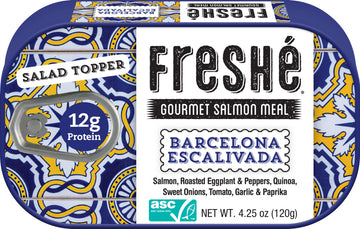 Freshé Canned Salmon Barcelona Escalivada (10 Pack) - Mediterranean Style Atlantic Salmon In Olive Oil With Lemon - Sustainably Farmed Tinned Fish (4.25Oz Cans)