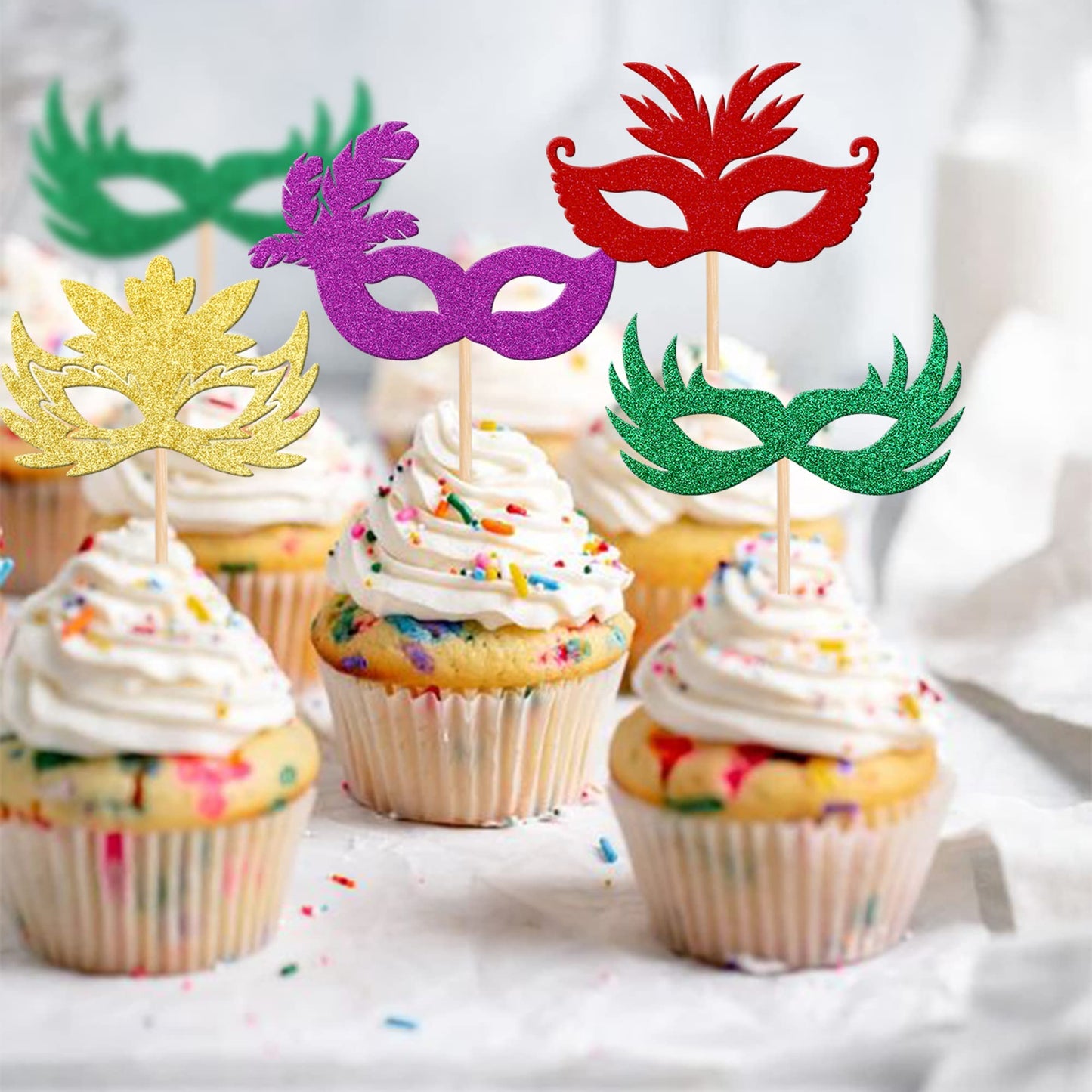 Rssta i Masquerade Masks Cupcake Toppers 36 Pack Glitter Multicolor Paper Model XM247