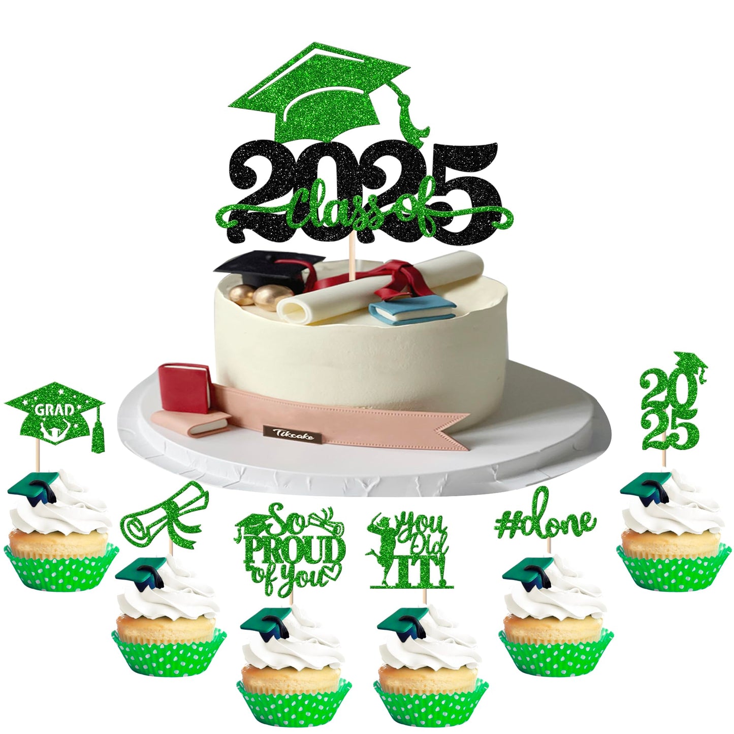 YCTHUNFISH Graduation Cupcake Toppers, 25 Pack, Green, Glitter Done Diploma Grad Cap Decorations for 2025 Graduation Party