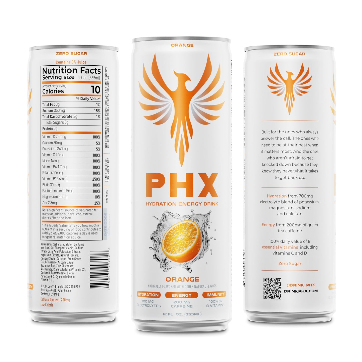 PHX Hydration Energy Drink - 700mg Electrolytes  200mg Natural Green Tea Caffeine  100% Daily Value 8 Essential Vitamins - 12 oz Cans (12 Pack) (12 Pack  Orange)