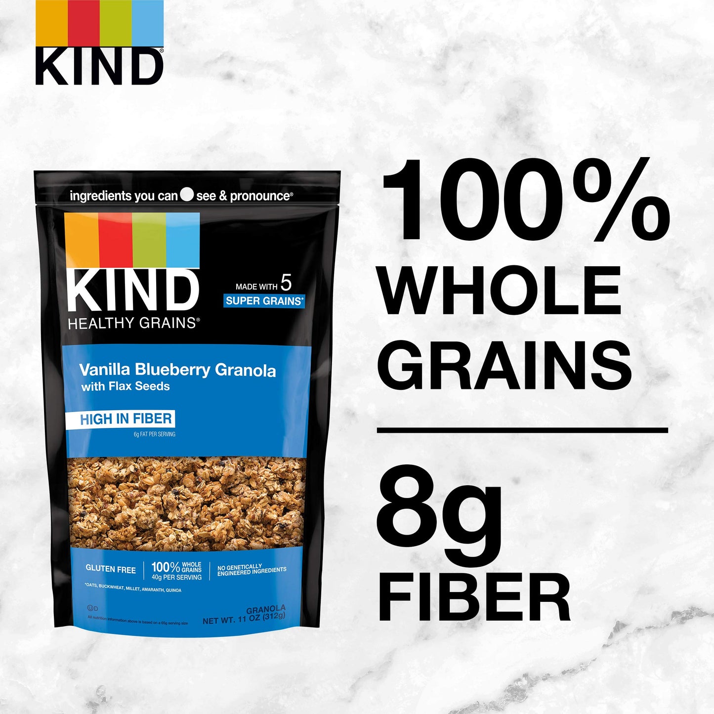 Kind Healthy Grains Granola, Healthy Snack, Vanilla Blueberry Granola With Flax Seeds, Snack Mix, 11 Oz (6 Bags)