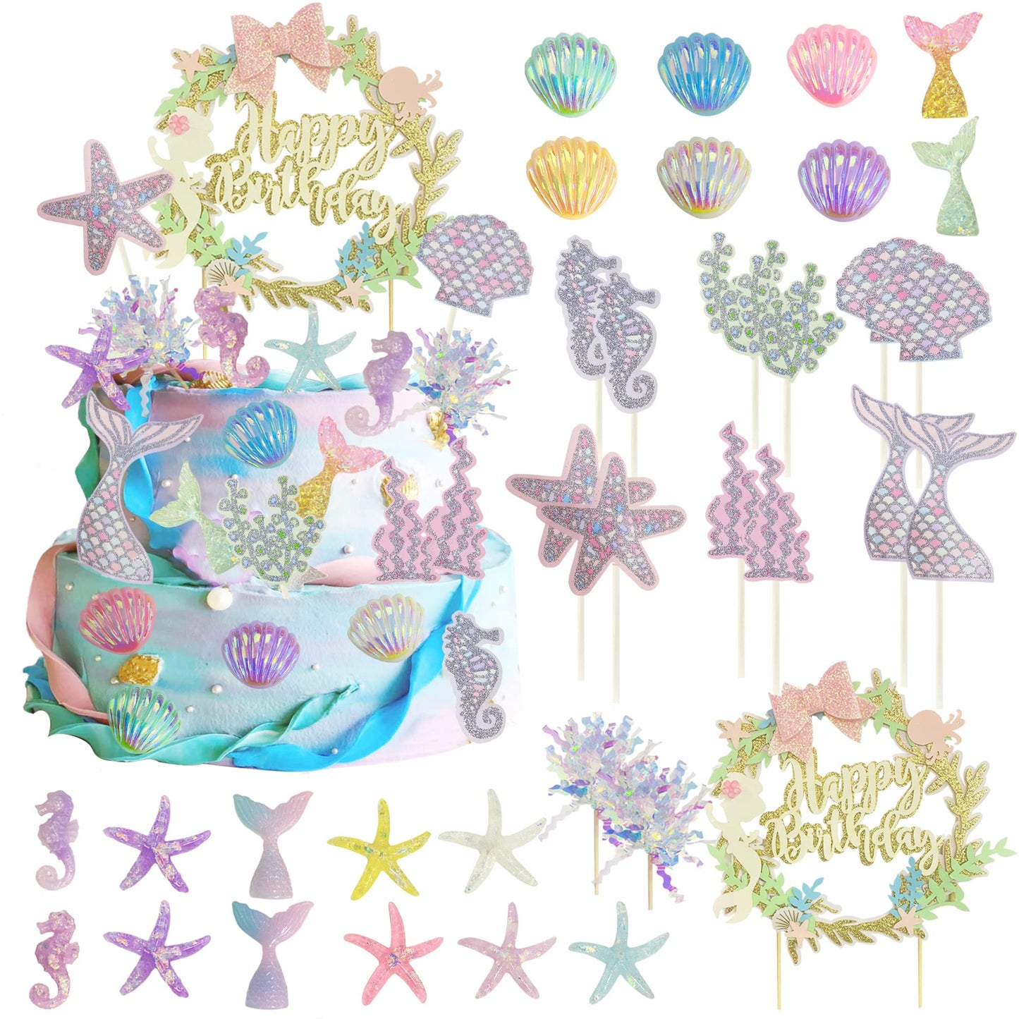 34Pcs Mermaid Birthday Cake Topper Kit With Mermaid Themed Cupcake Topper Picks, Glitter Seaweed Decor And Starfish Conch Seahor
