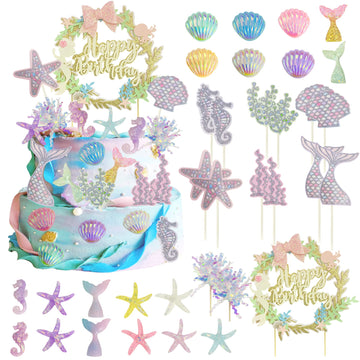 34Pcs Mermaid Birthday Cake Topper Kit With Mermaid Themed Cupcake Topper Picks, Glitter Seaweed Decor And Starfish Conch Seahor