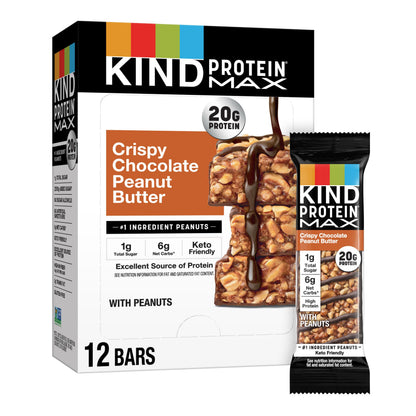 KIND Protein MAX Crispy Chocolate Peanut Butter Snack Bars, 20g of Protein, Keto Friendly, 1g of Sugar Per Bar, Gluten Free, 12 