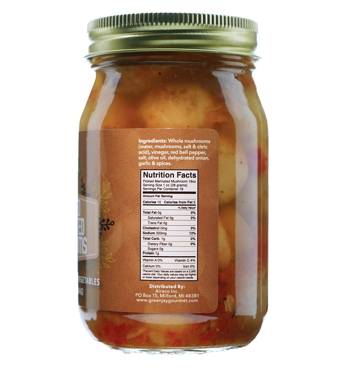 Green Jay Gourmet Marinated Mushrooms - Fresh Pickled Vegetables - 16 Ounce Jar