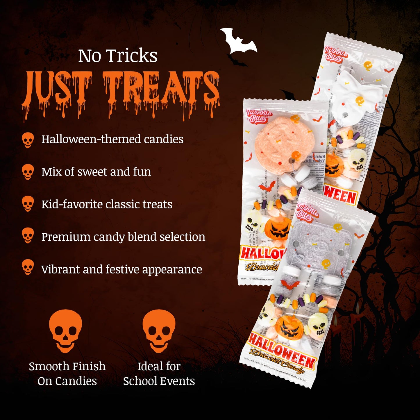 30 Pack Halloween Candy Bracelets - Individually Wrapped Holiday Themed Pumpkin And Skull Bracelets - Trick Or Treat Strawberry