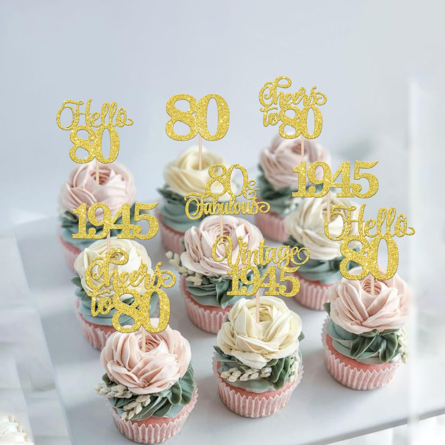 Rssta i 24 Pack Gold Glitter 80th Birthday Cupcake Toppers Paper Cake Decorations