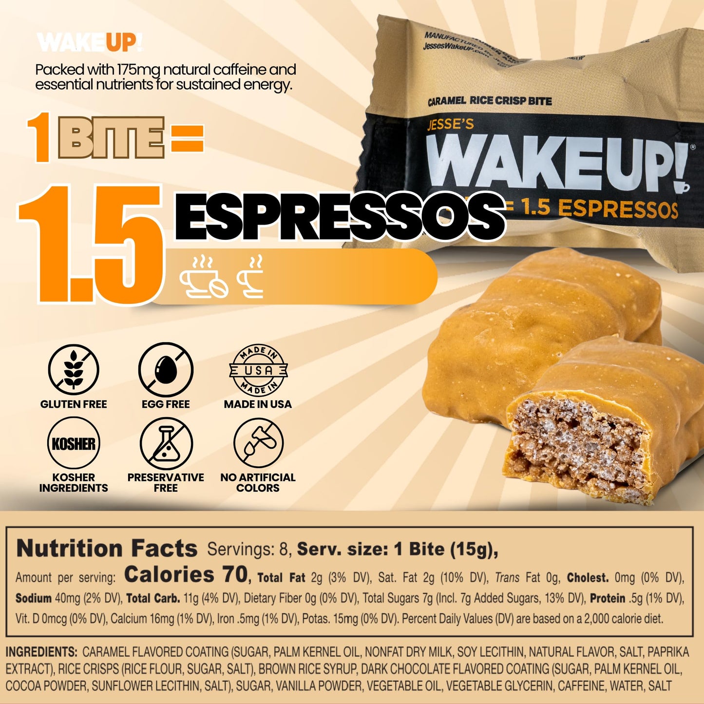 Jesses WakeUP! Caramel Caffeinated Protein Bites - Gluten-Free, Vegetarian, 8 Pack (1 Bite = 1.5 Espressos)