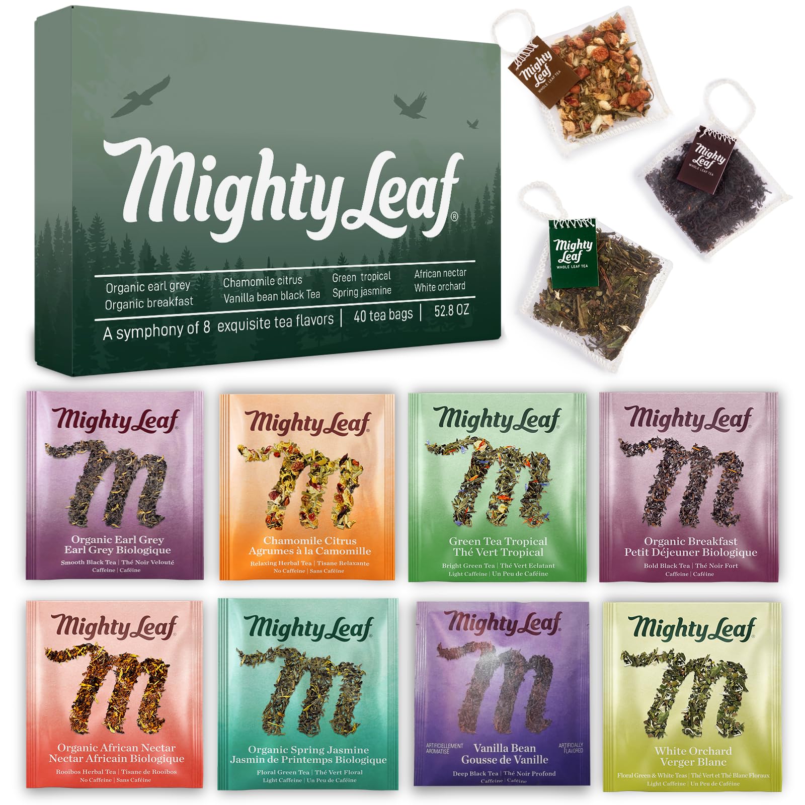 Mighty Leaf Organic Tea Sampler - 40 Count Silken Tea Bags - 8 Assorted Flavors: Tropical Green  Chamomile Citrus  Earl Grey  Vanilla Bean  White Orchard  Breakfast  Spring Jasmine  African Nectar - enhanced Tea Gift Box