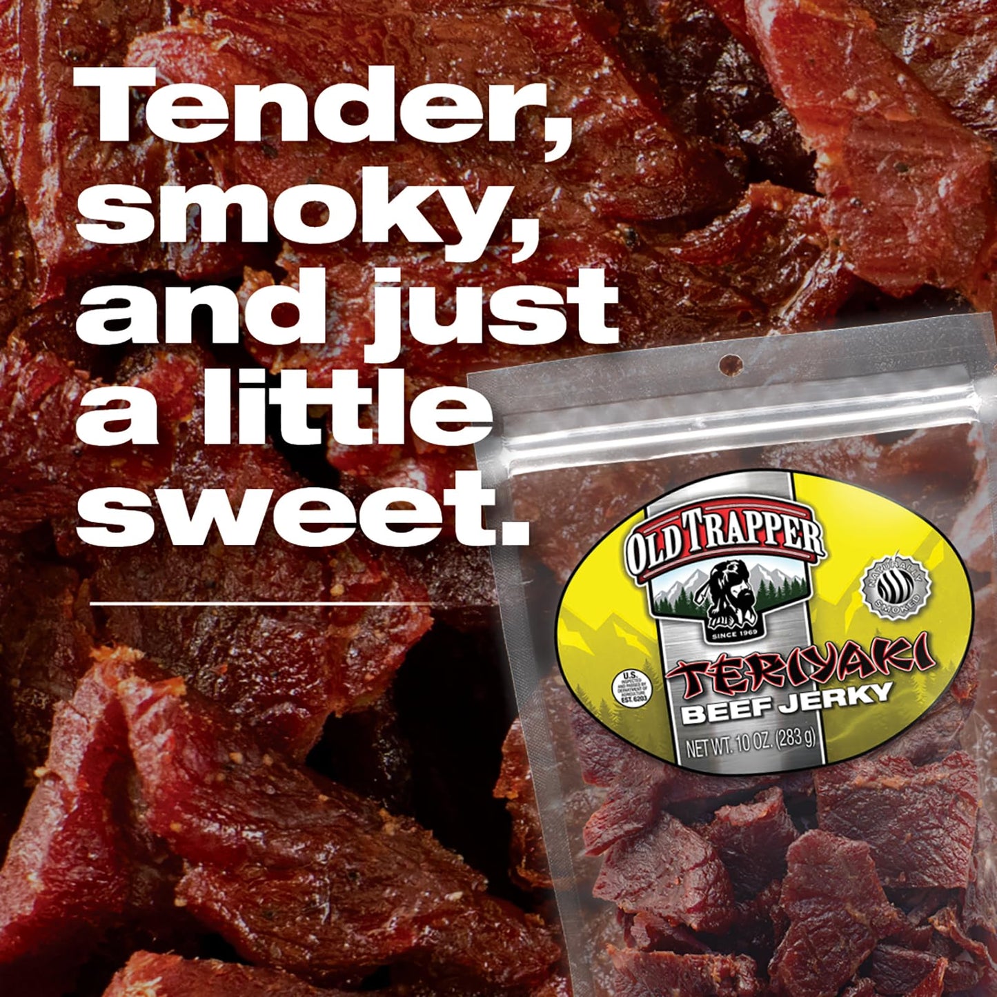 Old Trapper Beef Jerky, Teriyaki 10-Ounce Individual Pack, Tender Meat Snack For Lunches Or Between Meals, 11 Grams Of Protein, Zero Grams Of Fat, And 70 Calories Per Ounce (Pack Of One)