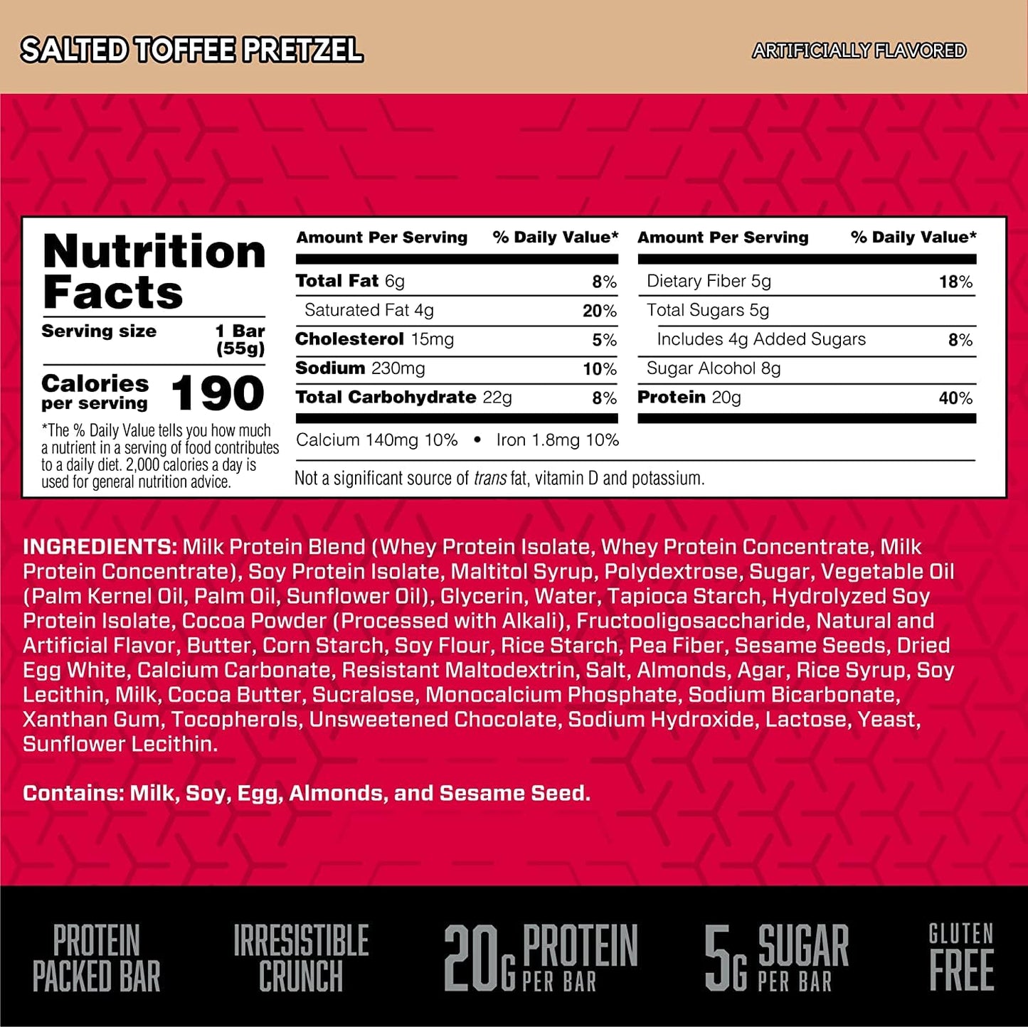 Bsn Protein Crisp Bar, Protein Snack Bars, Crunch Bars With Whey Protein And Fiber, Gluten Free, Salted Toffee Pretzel, 12 Count