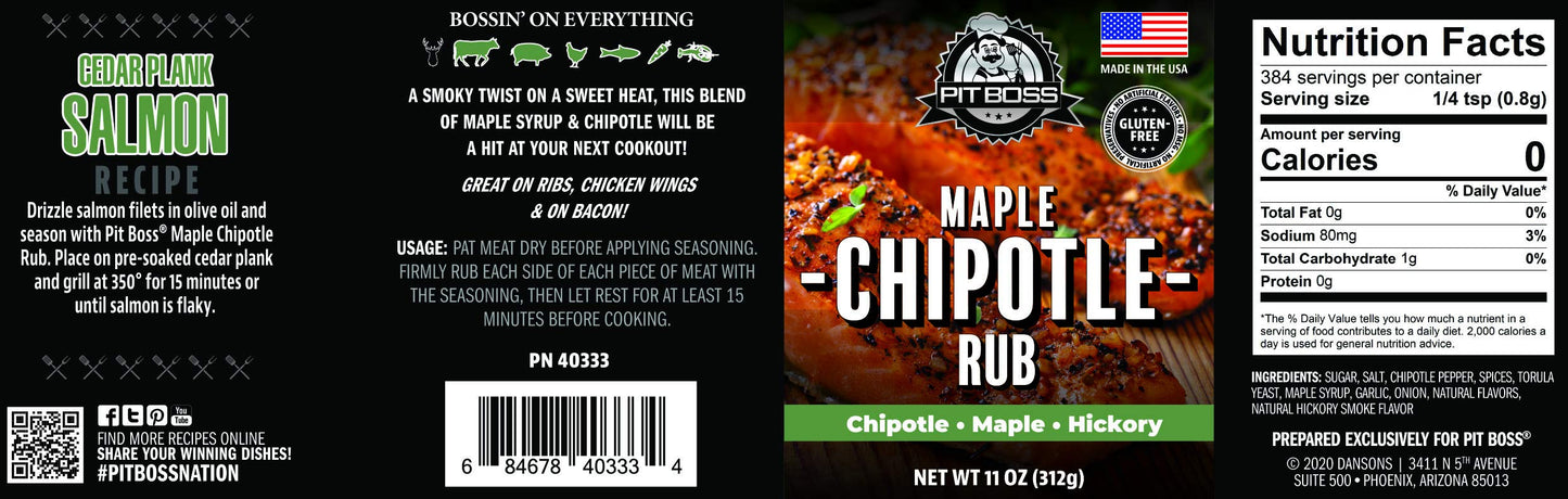Pit Boss 40333 Maple Chipotle Rub Grill Spices, 11 Ounce (Pack of 1), Multicolored