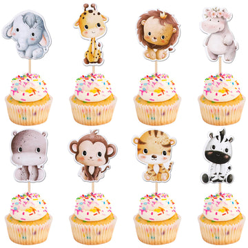 40 PCS Jungle Animals Cupcake Toppers Elephant Giraffe Lion Hippo Monkey Tiger Zebra Safari Animals Cupcake Picks for Zoo Woodla