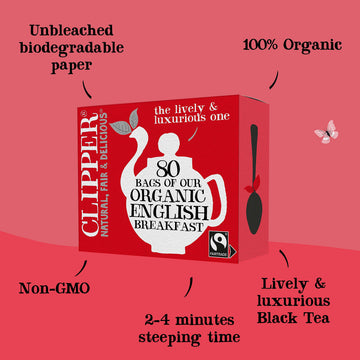clipper Tea, English Breakfast Assam Blend, Fairtrade, Organic, Plant-Based, caffeinated, 1 Pack, 80 Unbleached Tea Bags