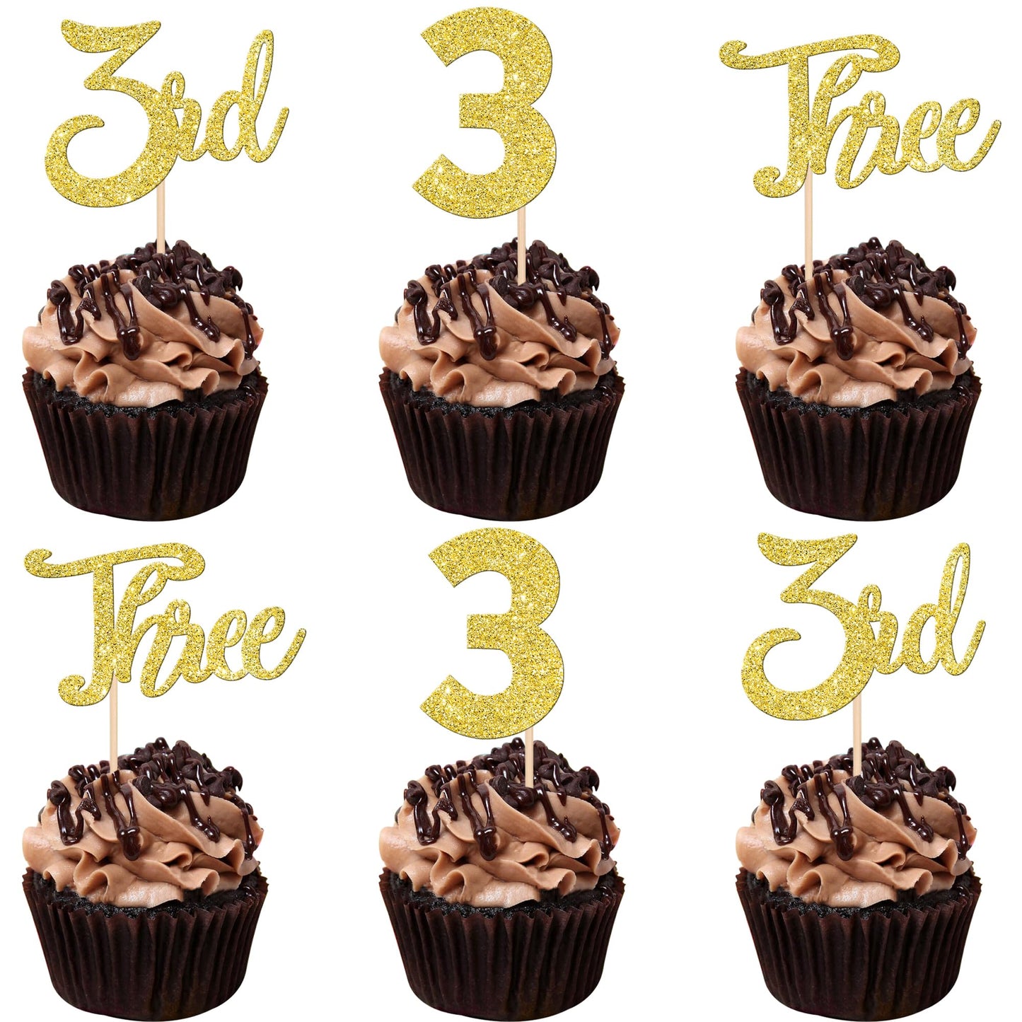 24 PCS 3rd Birthday Cupcake Toppers Glitter Third Birthday Three Cupcake Picks Number 3 Cake Toppers for Baby Shower Kids 3rd Bi