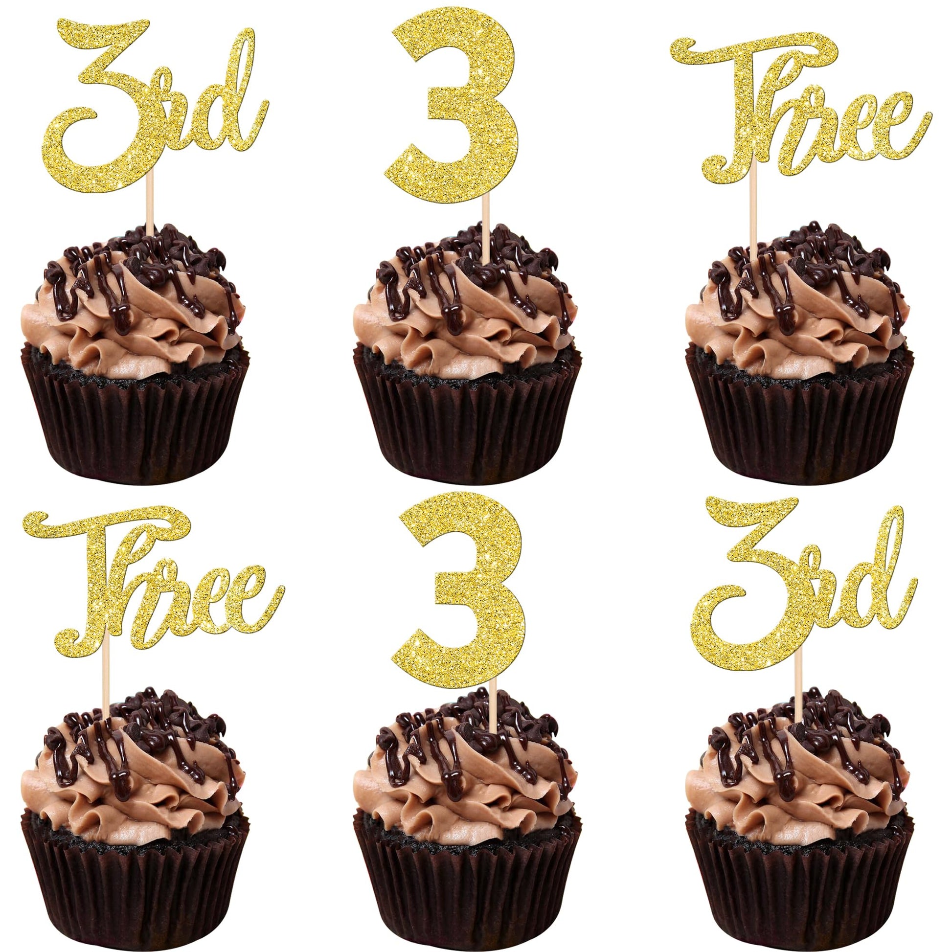 24 PCS 3rd Birthday Cupcake Toppers Glitter Third Birthday Three Cupcake Picks Number 3 Cake Toppers for Baby Shower Kids 3rd Bi