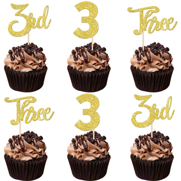 24 PCS 3rd Birthday Cupcake Toppers Glitter Third Birthday Three Cupcake Picks Number 3 Cake Toppers for Baby Shower Kids 3rd Bi