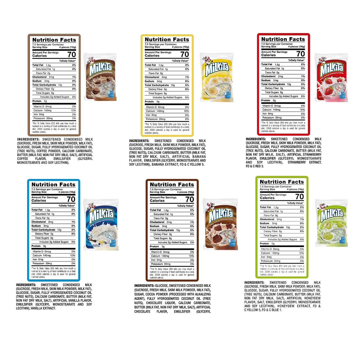 Milkita Creamy Shake Candy Pack Of 12, Gluten Free Chewy Candies With Calcium & Real Milk, Zero Trans Fat, Low-Sugar, Assorted Flavors (Vanilla, Strawberry, Chocolate, Cappuccino, Honeydew, Banana), 360 Pcs