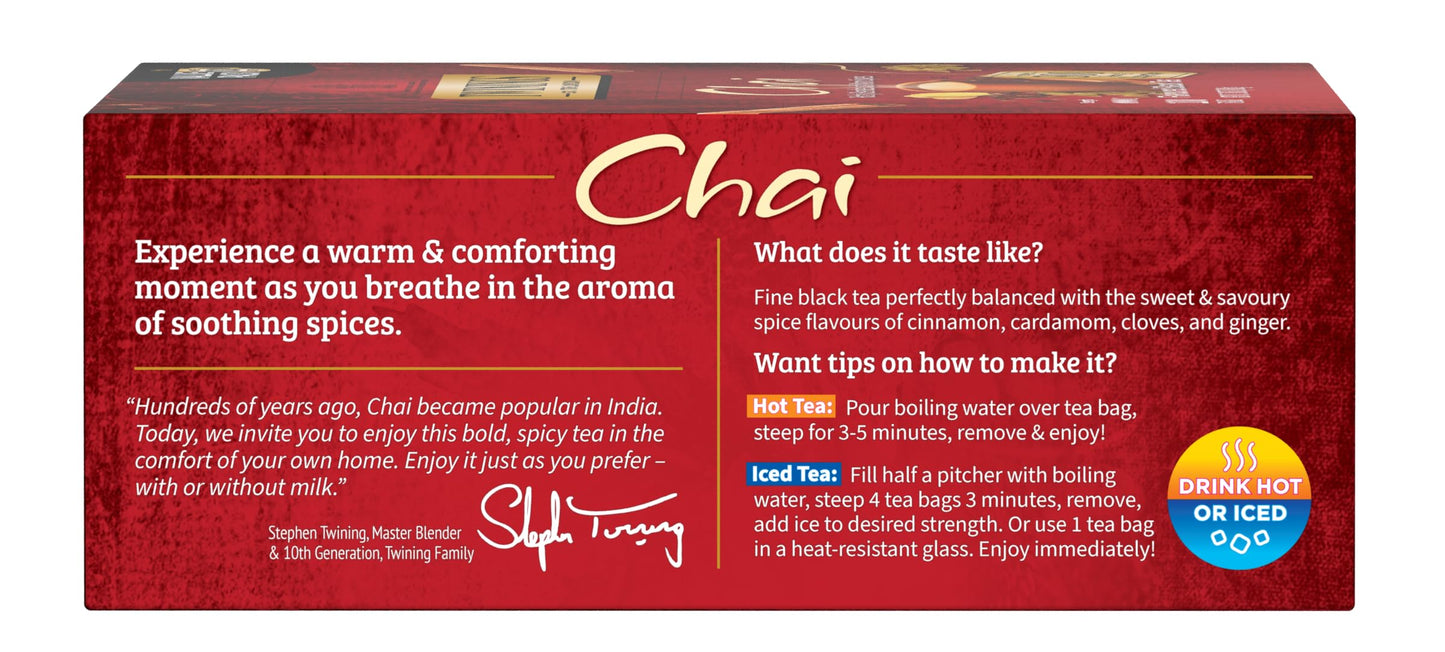 Twinings Chai Black Tea Individually Wrapped Bags, 100 Count (Pack Of 1), Richly Blended With Warm Spices, Caffeinated, Enjoy Ho