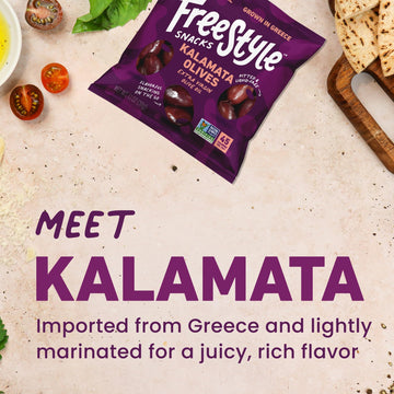 Freestyle Snacks Olive Snack Packs - 24 Pack Variety - Original Green, Hot & Spicy, Lemon Garlic, and Kalamata - Grown in Greece