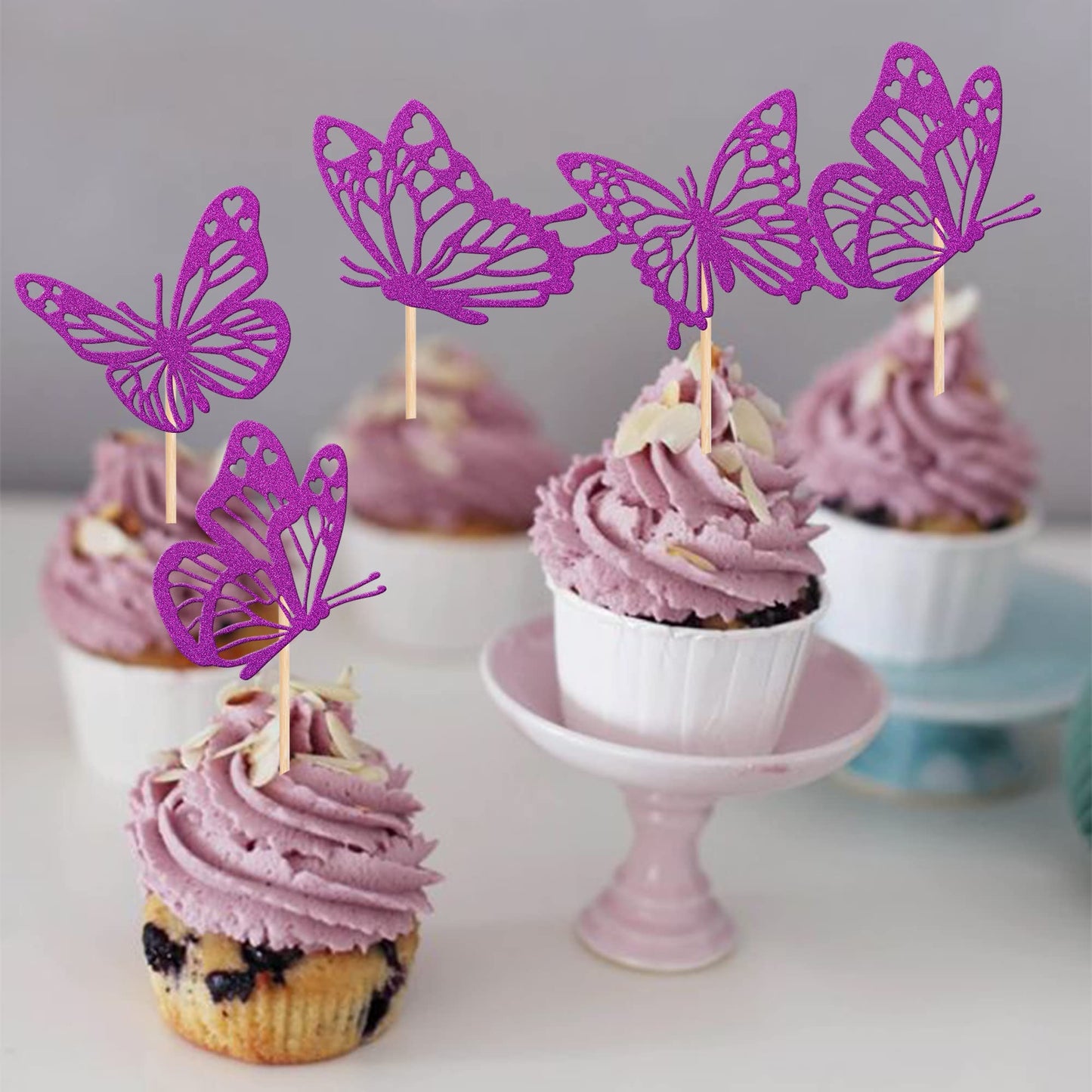 Rssta i Butterfly Cupcake Toppers, 24 Pack, Glitter, Purple, Model XM248-purple, Paper Decorations for Baby Shower, Wedding, Birthday Party